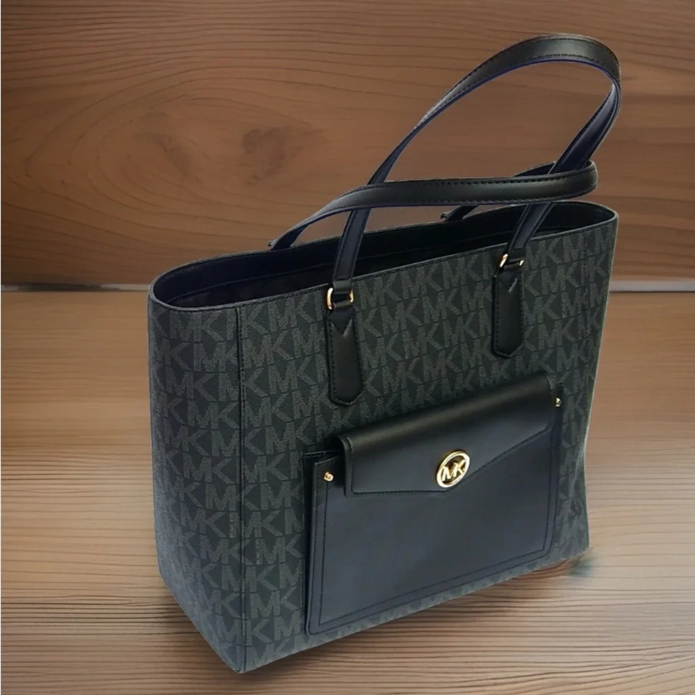 Michael Kors Large Black/Gray MK Signature Tote with Front Pocket - Picture 3 of 4